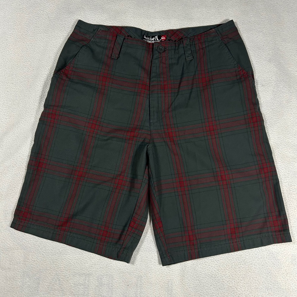 Vintage Y2K Quiksilver Plaid Shorts Men 33 Grey Red Embroidered Grunge Style